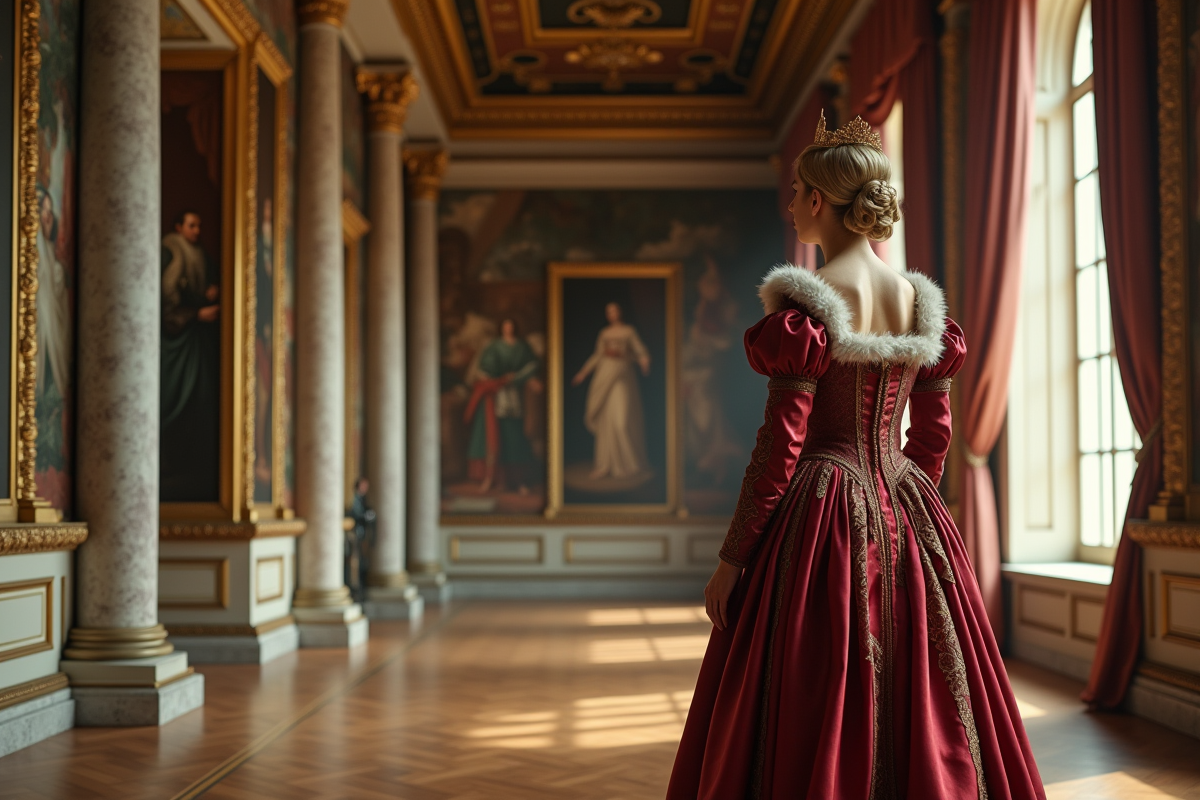 Reine française de la renaissance dans un hall de palais ensoleille