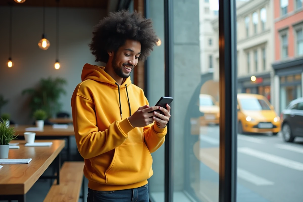 Jeune adulte résiliant son abonnement Free Mobile depuis un espace de coworking urbain avec son téléphone