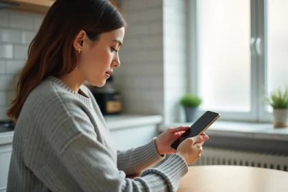 Femme utilisant son smartphone pour résilier un forfait Free mobile en ligne depuis son appartement
