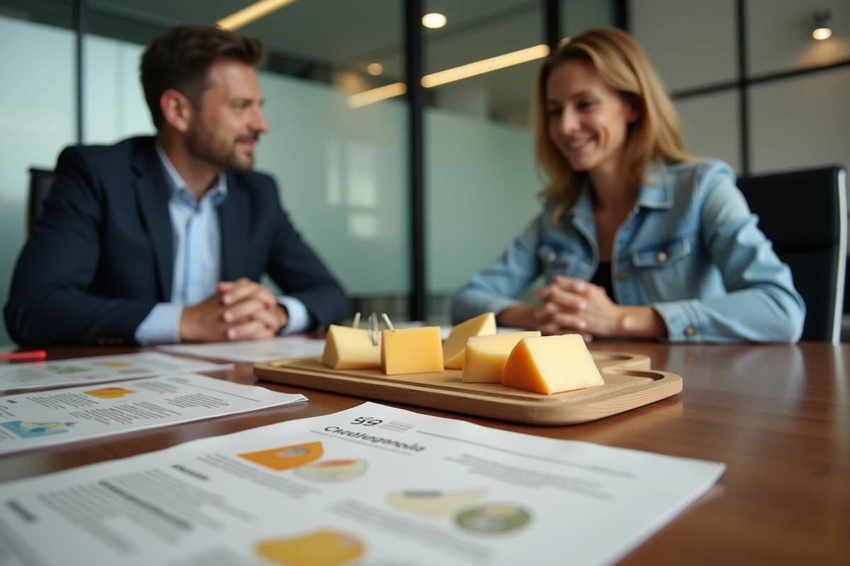 Deux professionnels du commerce fromager examinant des catalogues en espagnol et des échantillons de fromage lors d'une réunion commerciale