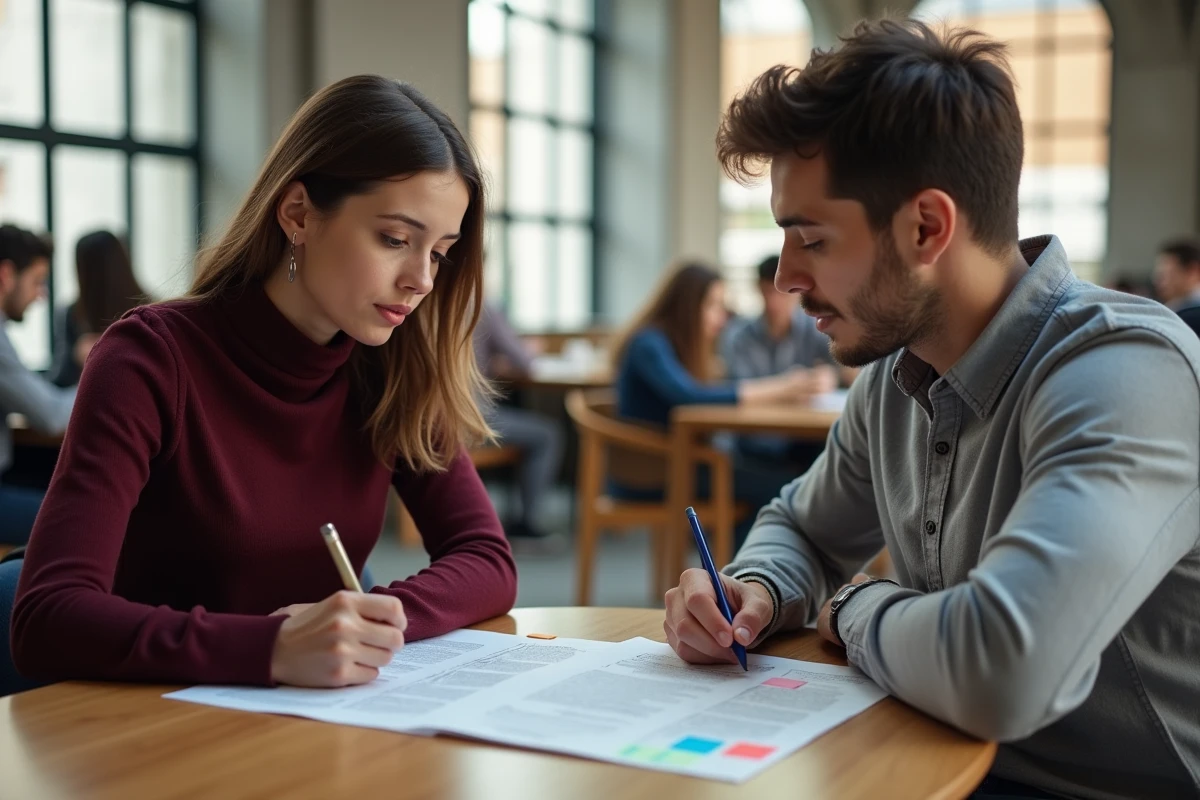 Deux étudiants en droit révisant ensemble l'arrêt Perdereau dans un café universitaire moderne avec un document annoté