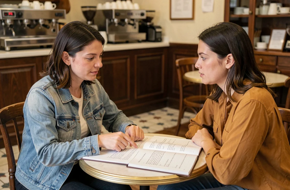 Deux femmes révisant des erreurs typiques de français ensemble autour d'un livre de grammaire dans un café