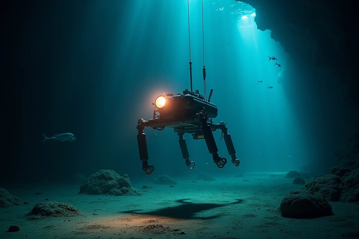 Rov sous-marin éclairé flottant au-dessus de l
