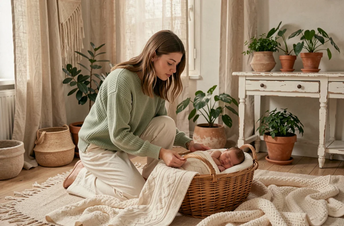 Sarah Steck photographiant un nouveau-né dans un panier en osier dans un studio maison chaleureux à Dijon