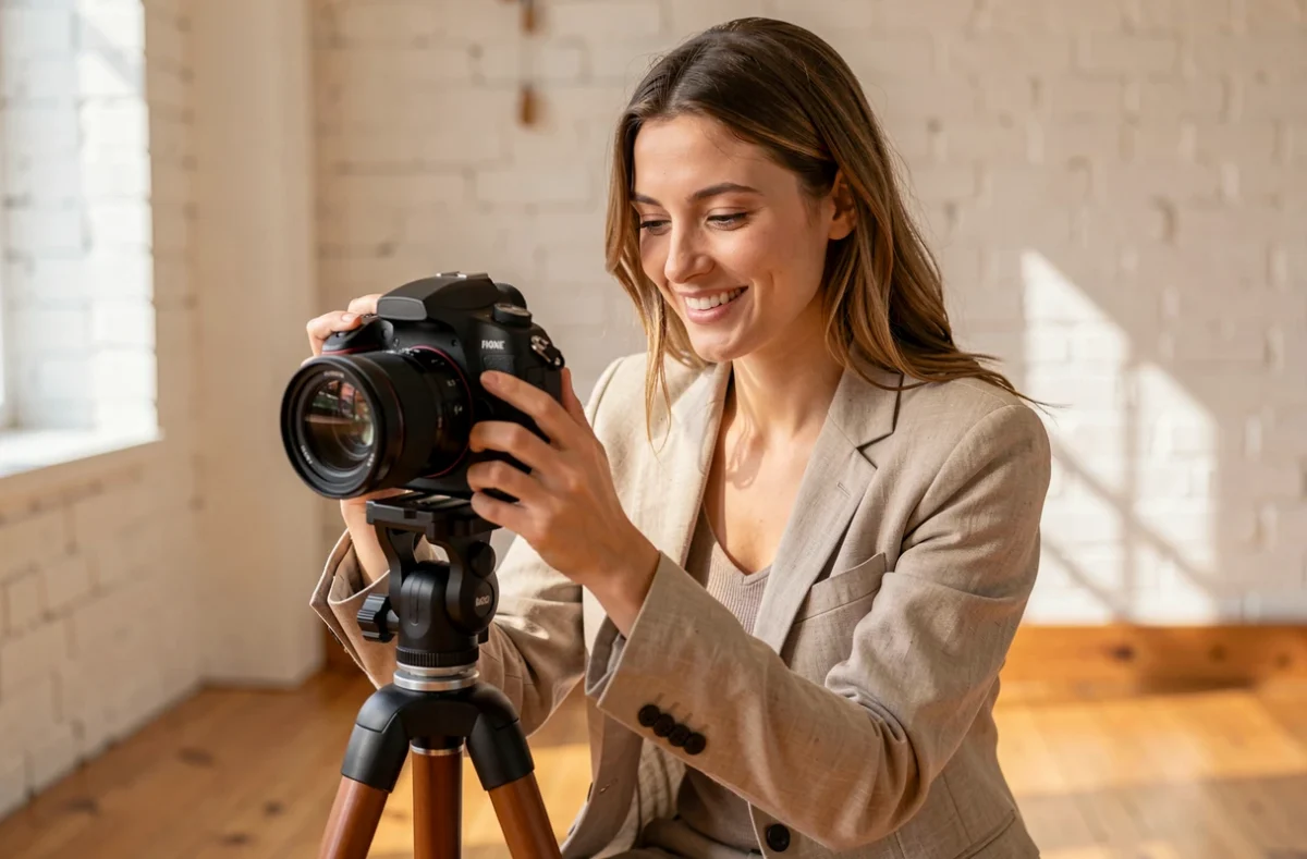 Sarah Steck, vidéaste femme souriante dans un studio photographique lumineux