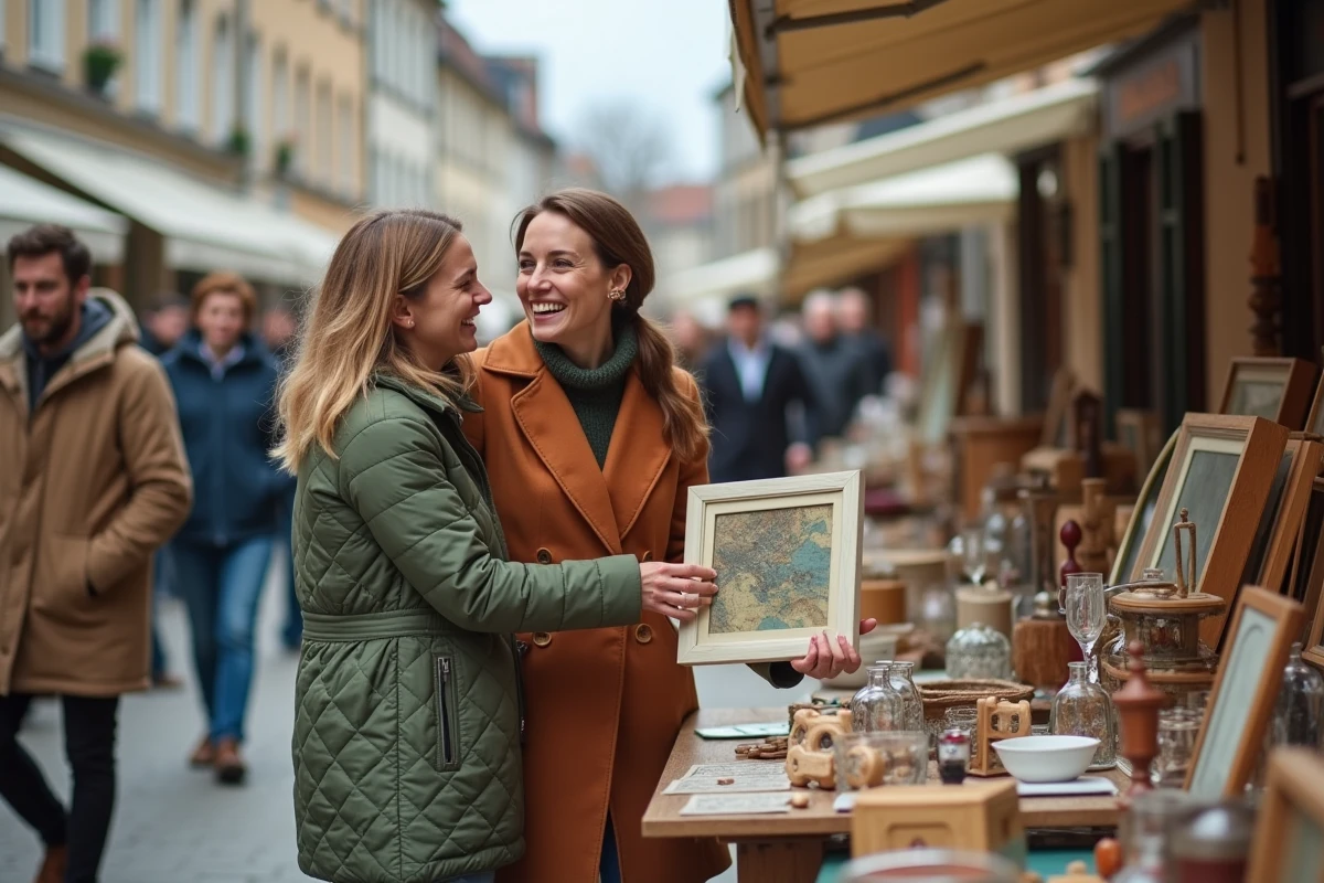 Deux femmes riant en feuilletant des objets anciens lors d'une braderie printanière sur une place du Nord de la France