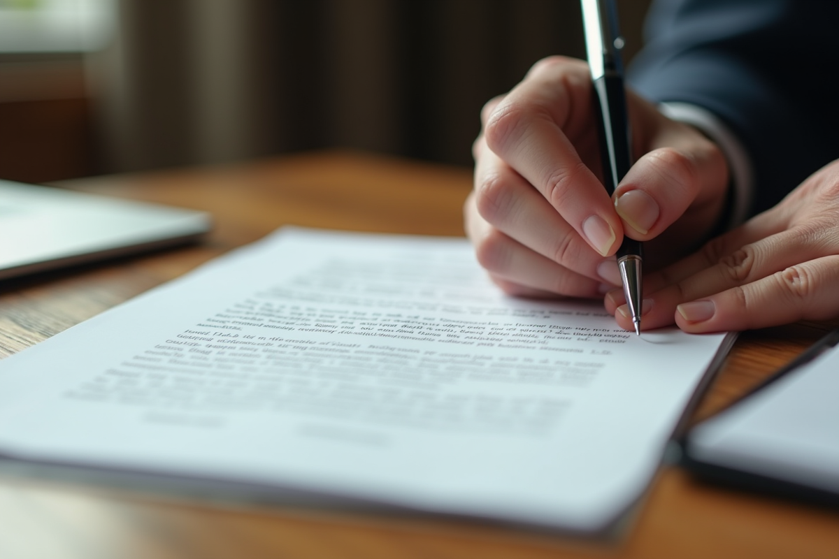 Mains signant un contrat officiel sur un bureau en bois