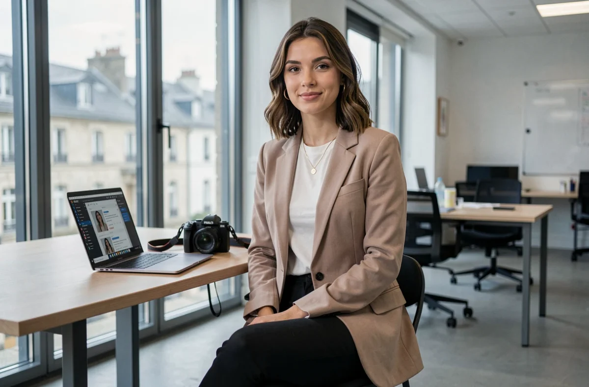 So ANEZOT, vidéaste femme assise dans un espace de coworking moderne avec caméra et ordinateur