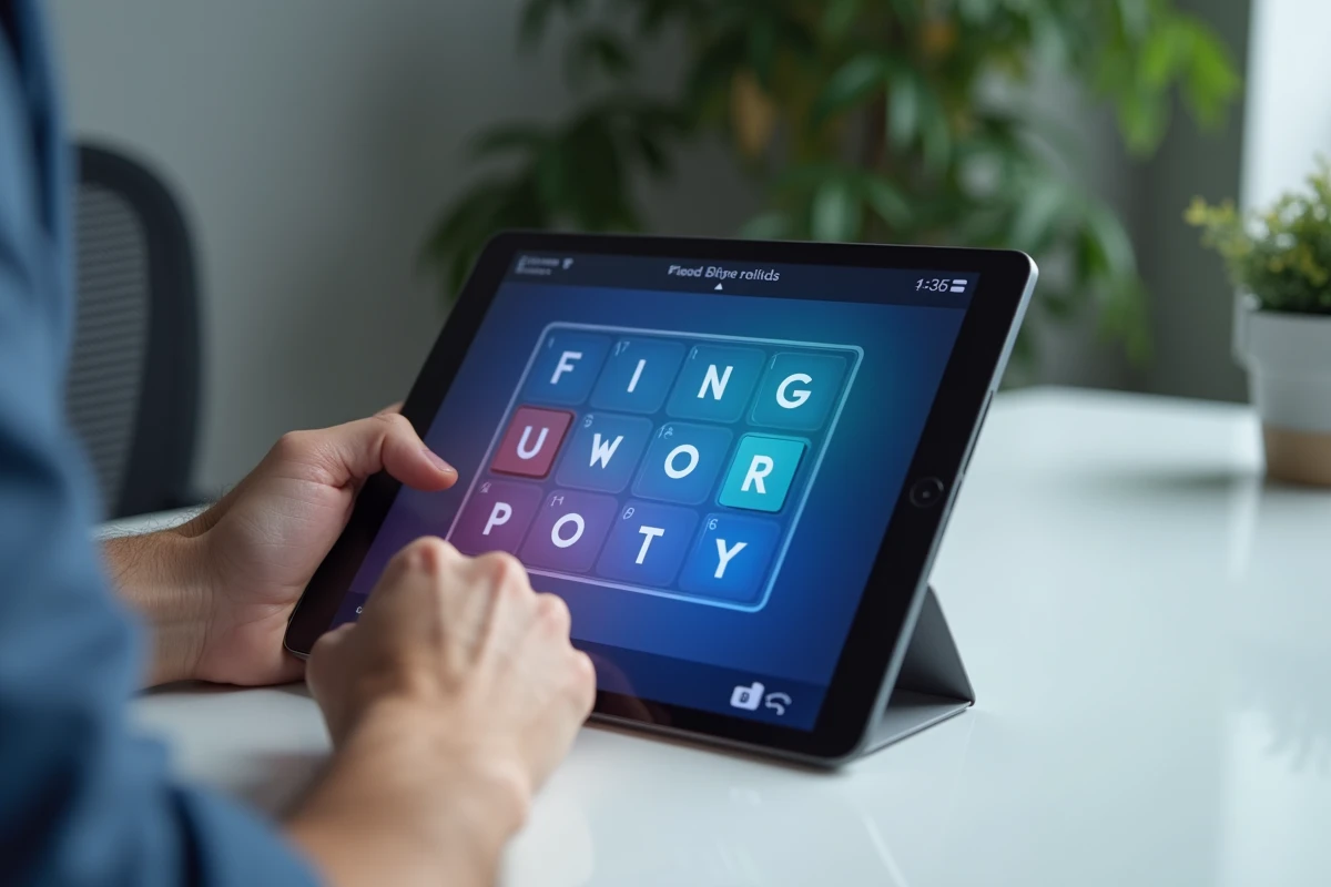 Mains d'un homme tenant une tablette affichant une application de mots classés par thèmes avec une grille de 9 lettres
