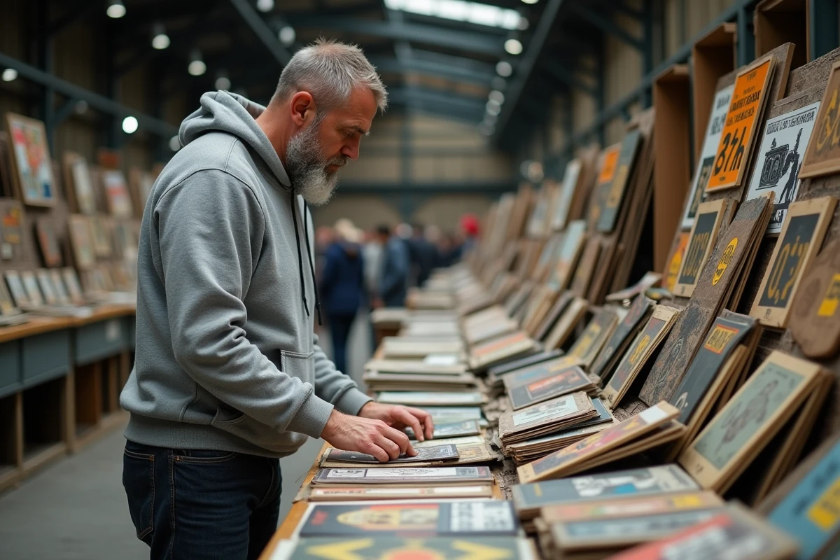 Vendeur de brocante dans un marché couvert du Nord avec disques vinyles et objets vintage sur son stand