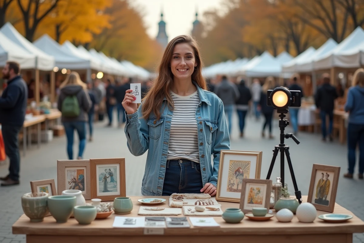 Vendeuse présentant ses articles de braderie lors d'une session en direct sur les réseaux sociaux