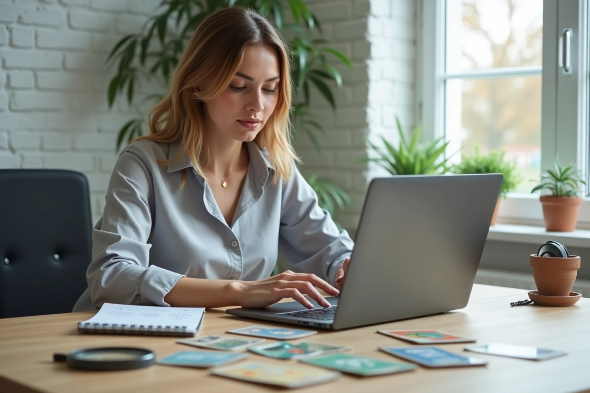 Femme vendant des télécartes de collection sur une plateforme d'enchères en ligne depuis son bureau moderne