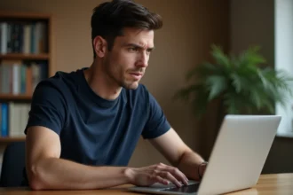 Homme vérifiant l'authenticité d'un site web sur son ordinateur portable dans un bureau à domicile