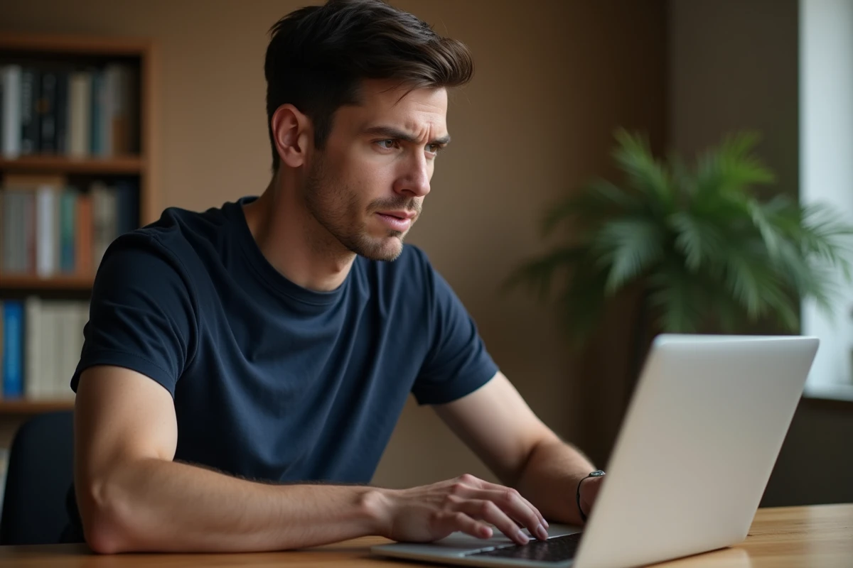 Homme vérifiant l'authenticité d'un site web sur son ordinateur portable dans un bureau à domicile