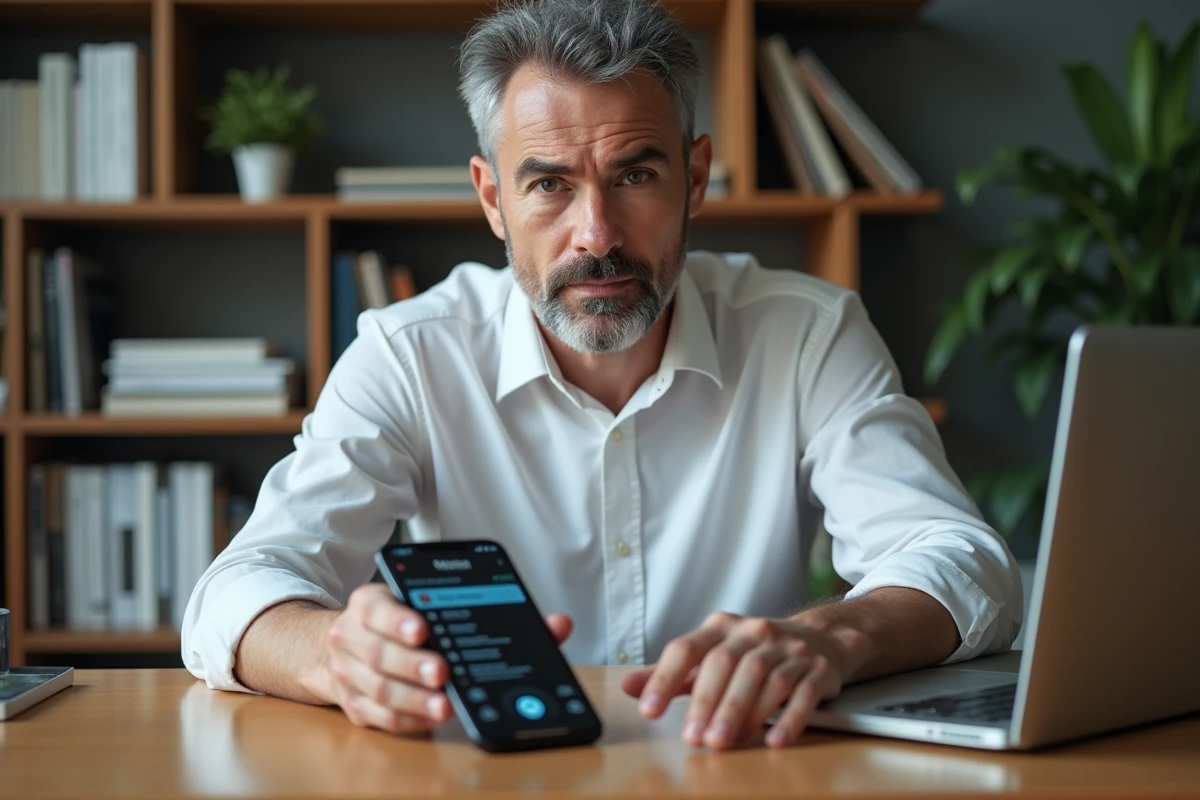 Homme avec smartphone Oppo et ordinateur portable vérifiant les contacts bloqués dans les paramètres SMS Android