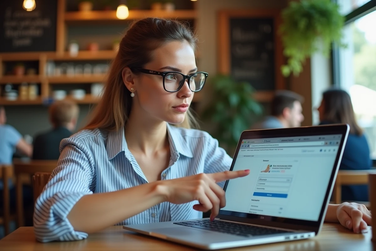 Femme en café vérifiant l'URL d'un site Wodioz sur son ordinateur portable pour éviter les faux domaines