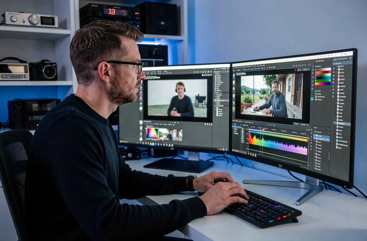 Vidéaste.eu, professionnel en post-production devant deux écrans dans un bureau de production moderne