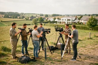 Équipe de vidéastes professionnels en tournage en extérieur dans les Yvelines