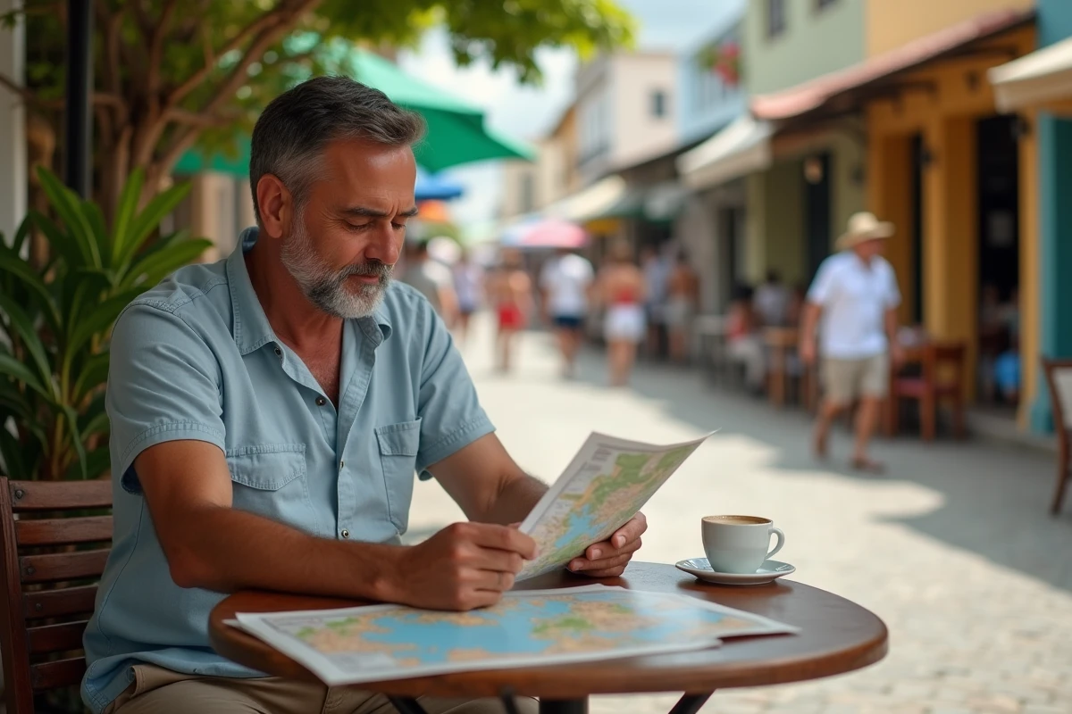 Homme planifiant son emploi du temps à une terrasse de café à Pointe-à-Pitre en tenant compte du fuseau horaire local