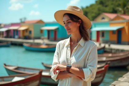 Voyageuse consultant sa montre près du port coloré de Guadeloupe pour gérer le décalage horaire