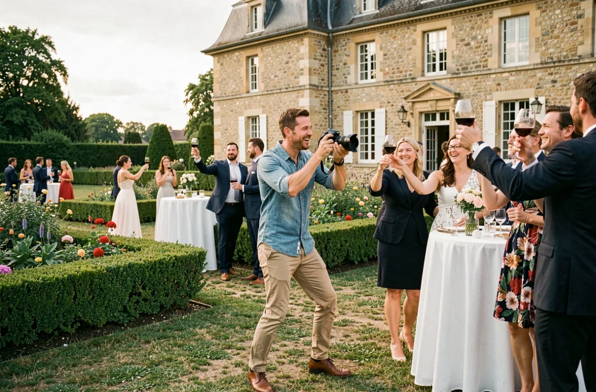 Photographe Warm Up Photo en mouvement lors d'une réception de mariage en plein air devant un château bourguignon