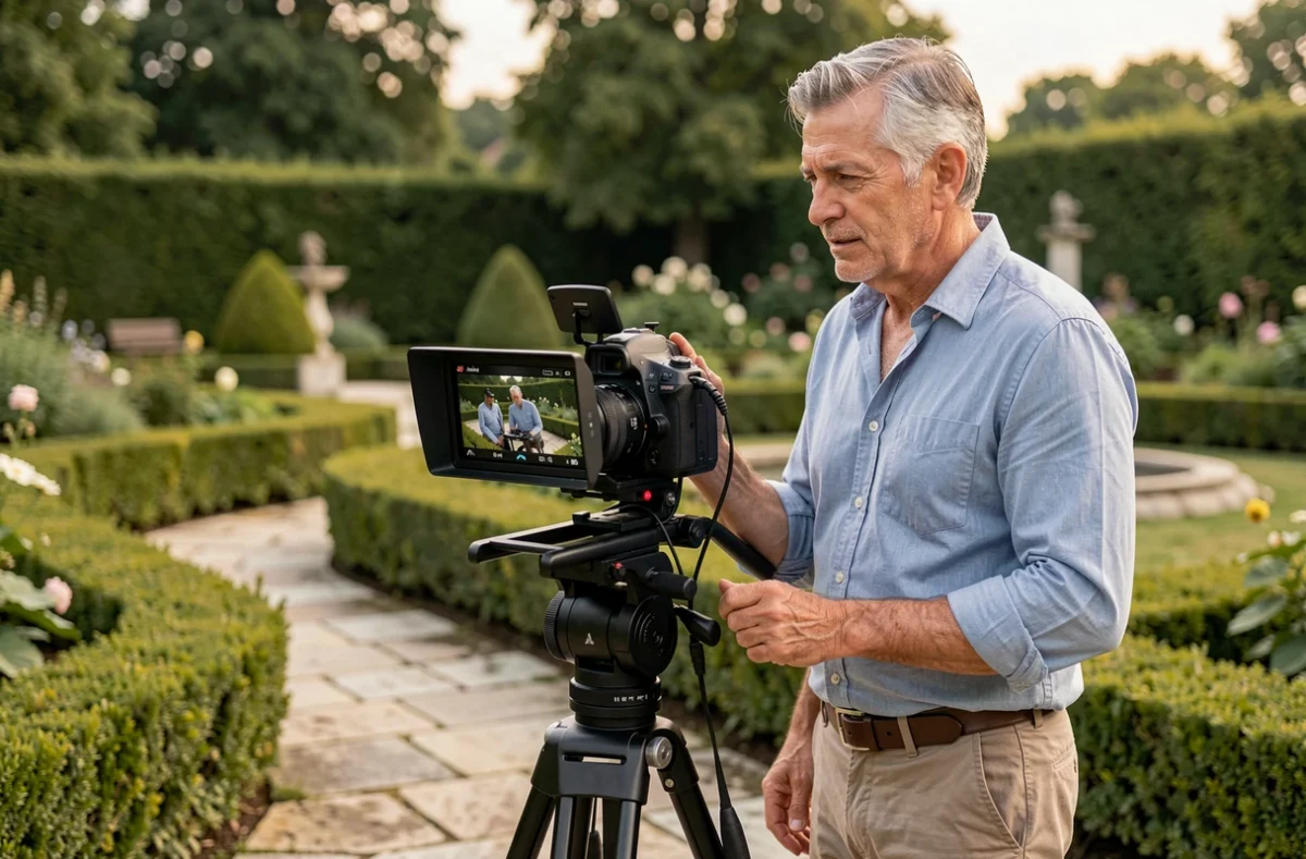 Xavier Granet, vidéaste expérimenté consultant un moniteur sur un tournage dans un jardin français classique