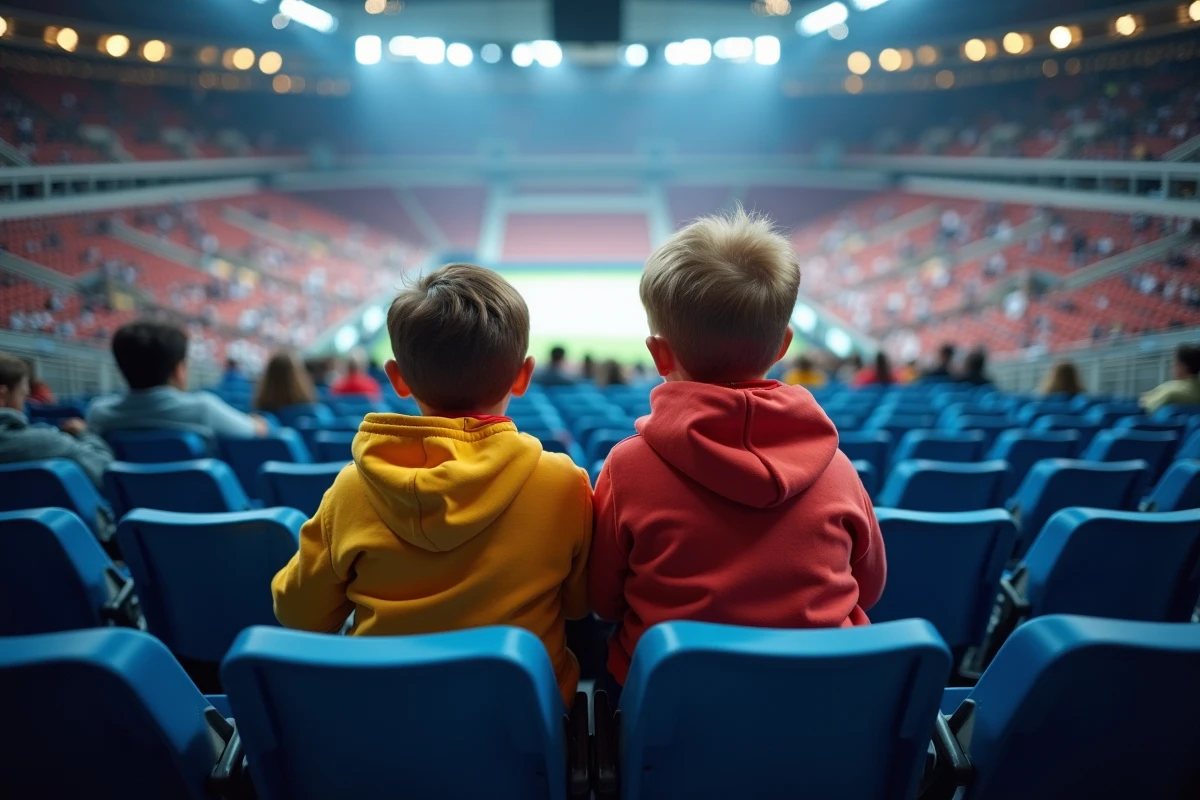 Enfants assis dans une zone calme en tribune supérieure de la salle Bercy lors d'un événement